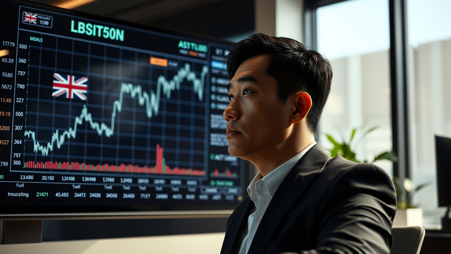 Một doanh nhân người Việt đang xem biểu đồ tài chính và suy nghĩ về việc đầu tư tại Úc