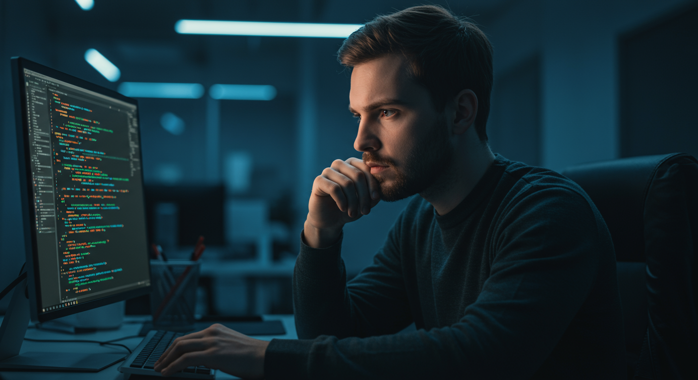 Một lập trình viên đang làm việc trên máy tính với nhiều mã code