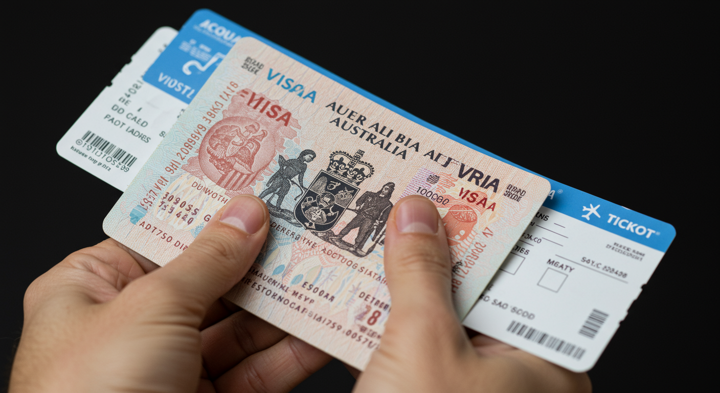 Người cầm hộ chiếu và vé máy bay chuẩn bị du lịch Úc