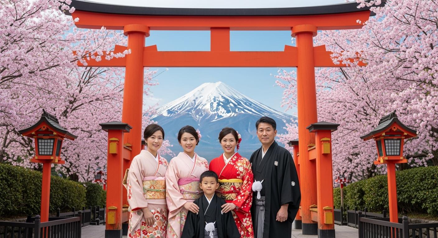 Gia đình mặc kimono chụp ảnh kỷ niệm dưới hoa anh đào