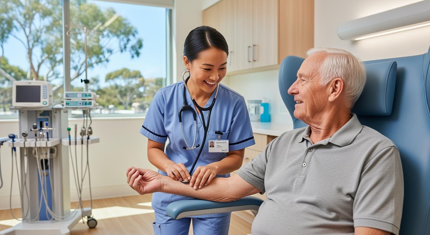 Một nữ y tá gốc Á đang chăm sóc sức khỏe cho bệnh nhân lớn tuổi tại một cơ sở y tế ở Tây Úc.