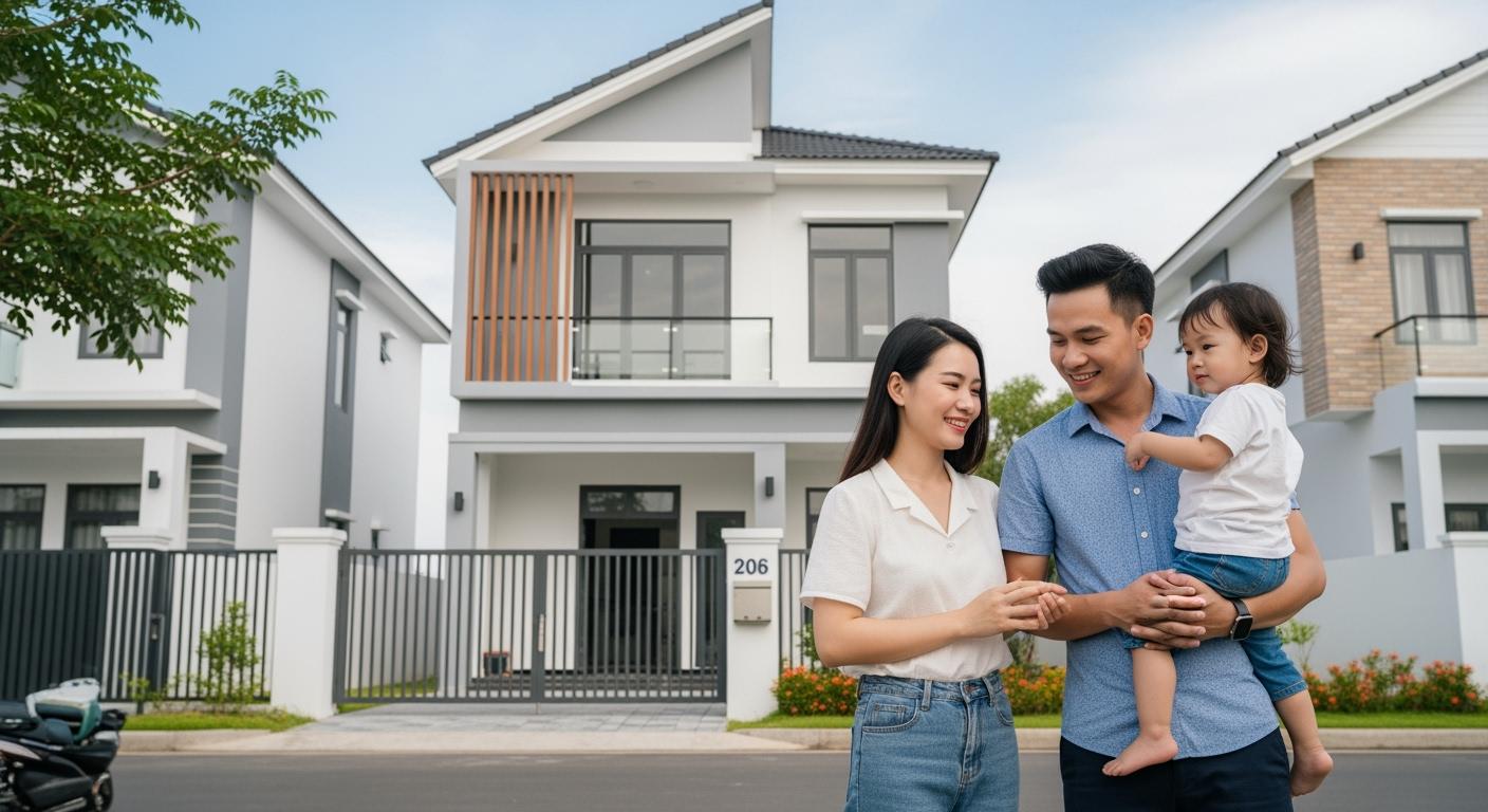 Một gia đình trẻ người Việt hạnh phúc đứng trước ngôi nhà mới xây hiện đại ở Úc