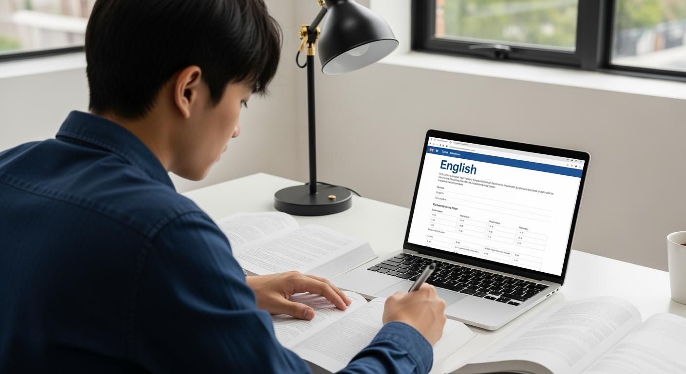 Một du học sinh đang tập trung ôn luyện tiếng Anh để chuẩn bị cho kỳ thi PTE/IELTS