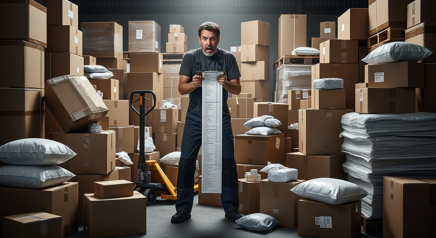 Kho hàng lộn xộn với nhiều thùng hàng chồng chất, tượng trưng cho việc giao hàng chậm trễ của Mosaic Brands