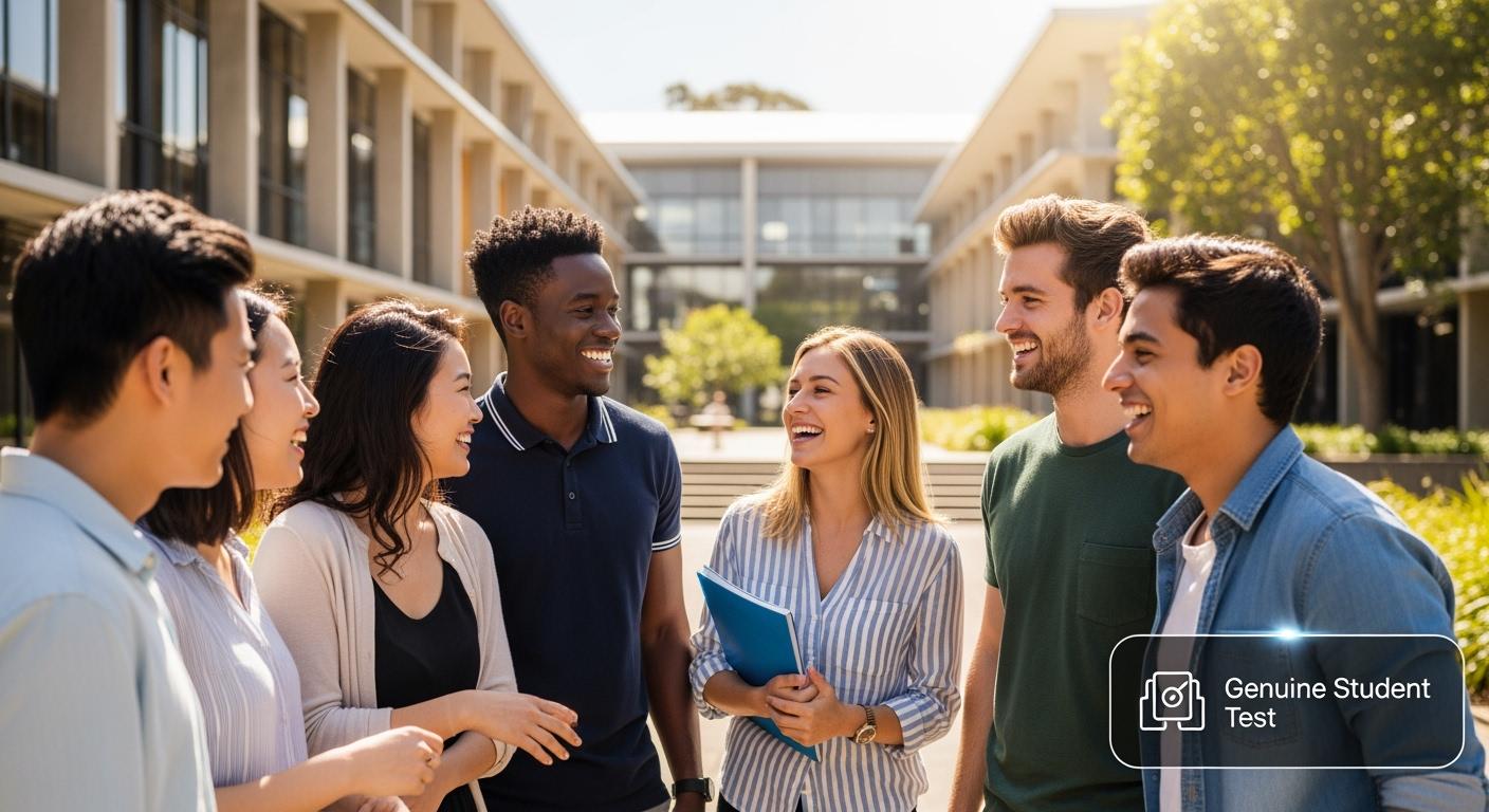 Một nhóm du học sinh vui vẻ trong khuôn viên trường đại học tại Úc.