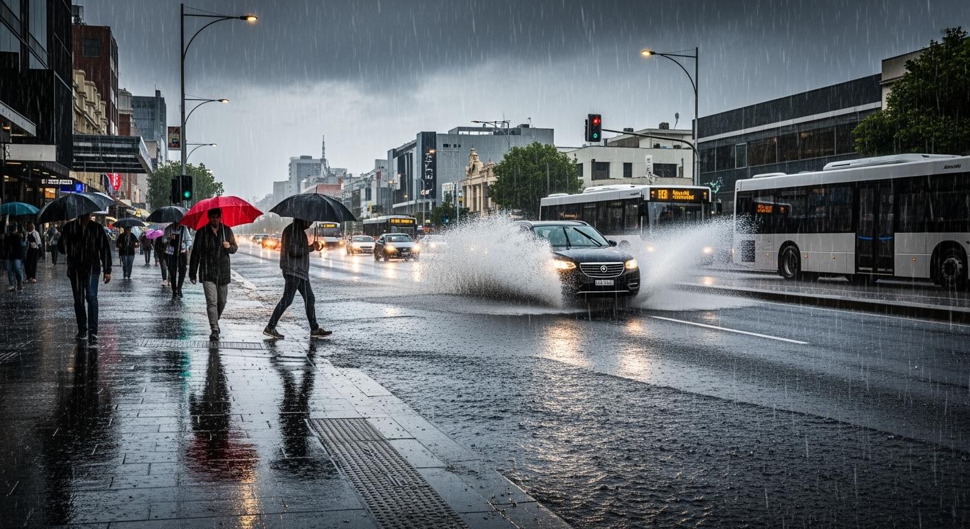 Đường phố Perth trong cơn mưa lớn với những đám mây xám xịt