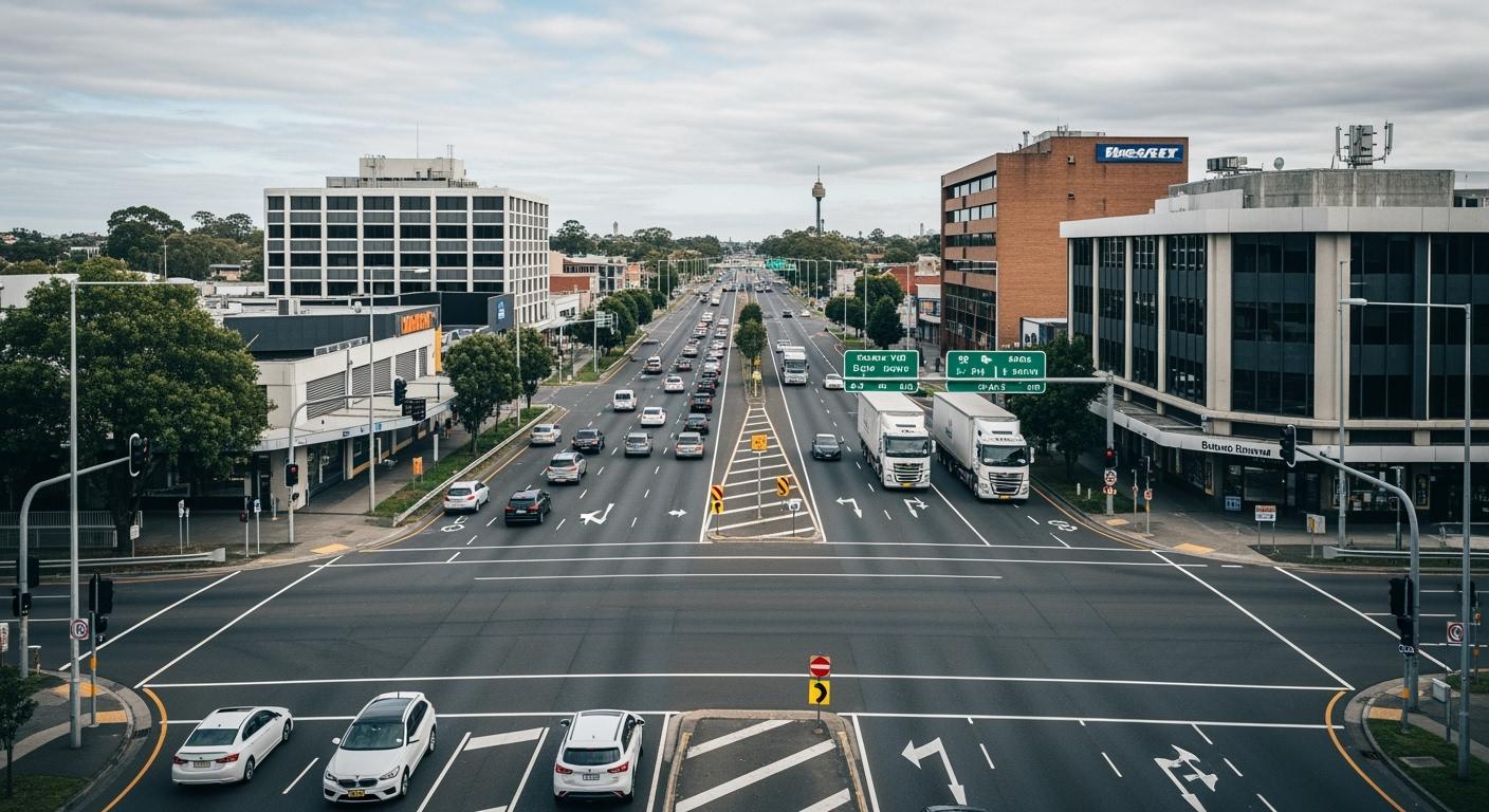 Giao lộ Stacey Street và Hume Highway tại Bankstown với nhiều làn xe.