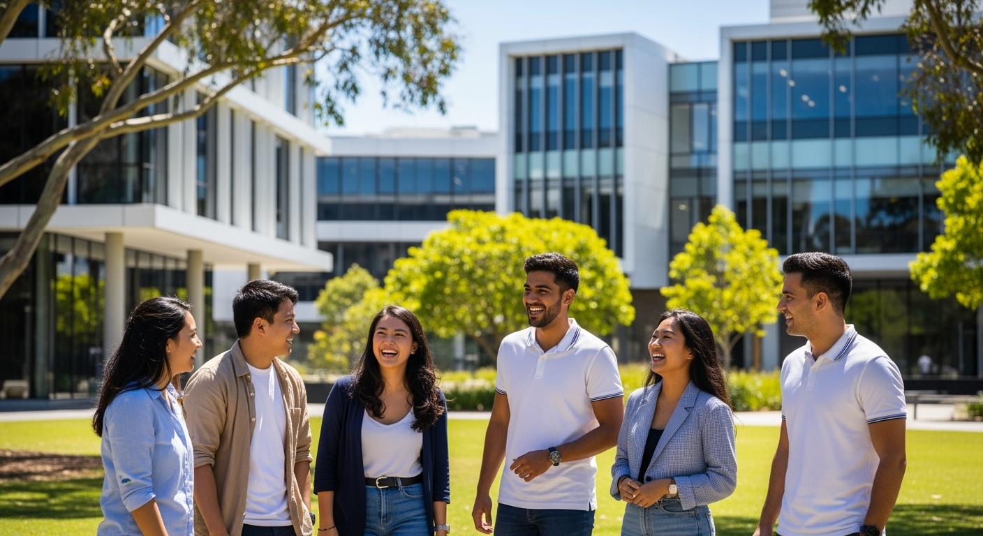 Một nhóm sinh viên quốc tế vui vẻ trong khuôn viên trường đại học Úc