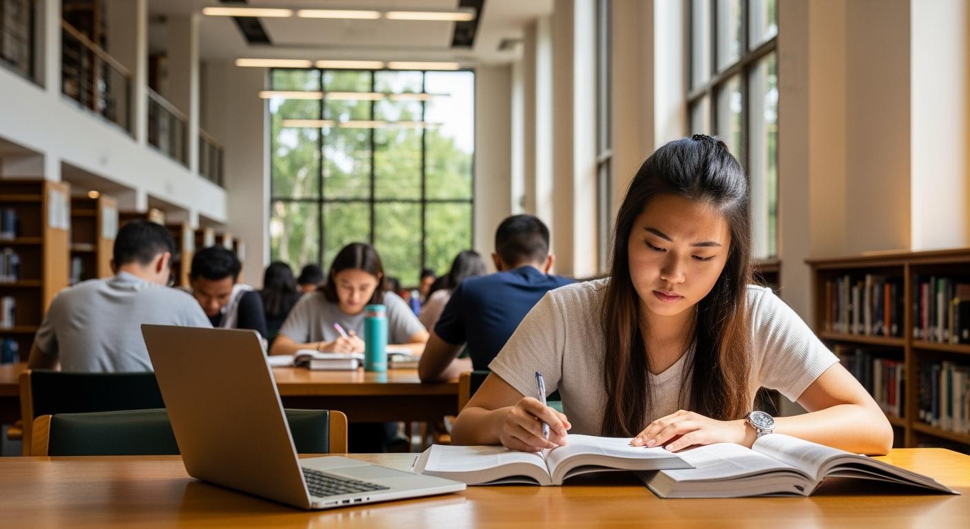 Sinh viên quốc tế đang học tập nghiêm túc tại thư viện đại học Úc