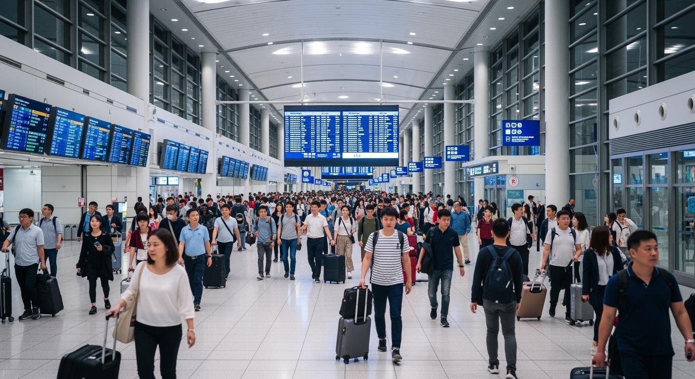 Hành khách nhộn nhịp bên trong một nhà ga sân bay hiện đại